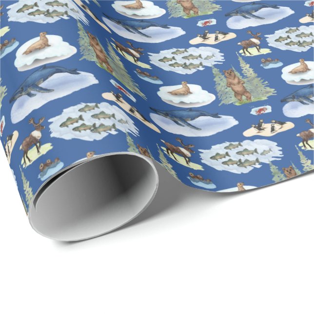 Papel De Presente Toalete de Animais do Alasca (Sobre Azul) (Ponta do rolo)