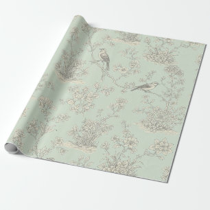 Papel De Presente Toalete Floral e Pássaros Verde Menta Francês Coun