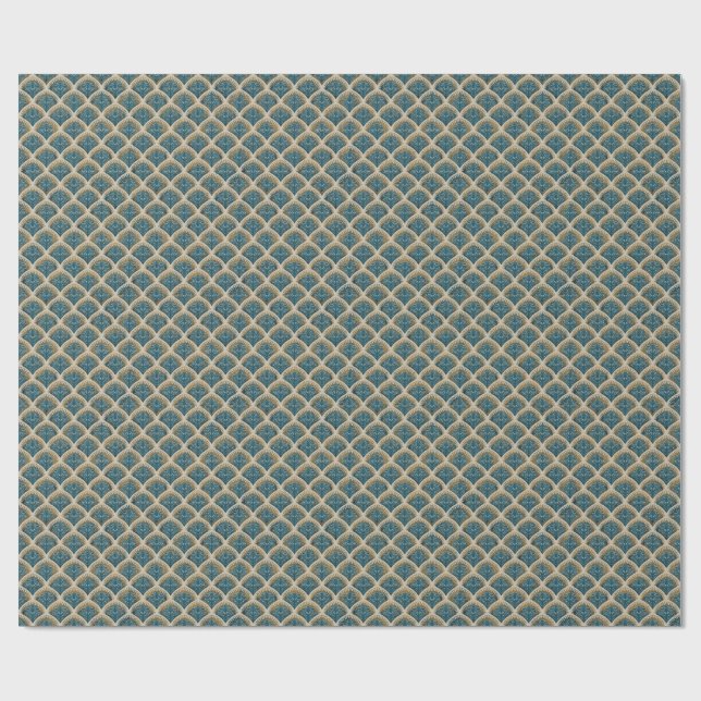 Papel De Presente Toalha de Mesa com Padrão de Leque Art Déco Azul e (Aberto)