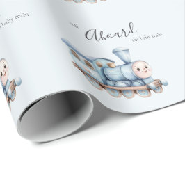 Papel De Presente Todos a Bordo do Trem do Bebê Menino Azul Chuvinha