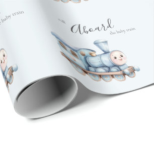 Papel De Presente Todos a Bordo do Trem do Bebê Menino Azul Chuvinha