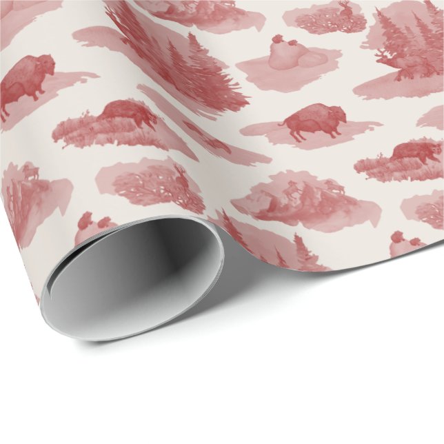 Papel De Presente Toile de Animais das Montanhas Rochosas (Vermelho  (Ponta do rolo)