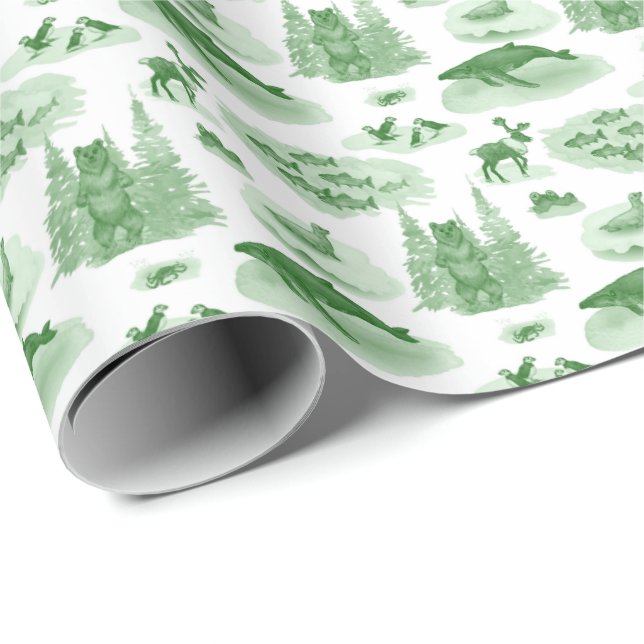 Papel De Presente Toile de Animais do Alasca (Verde Esmeralda) (Ponta do rolo)