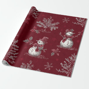 Papel De Presente Toile de Natal Botânica Vermelha Vintage - Boneco 
