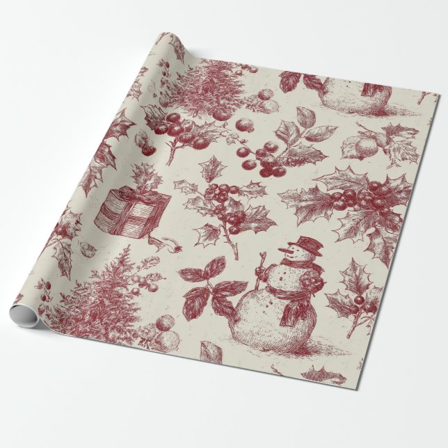 Papel De Presente Toile de Natal Botânico Vermelho Antigo - Azevinho (Desenrolado)