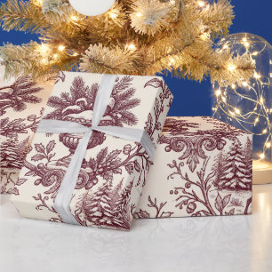 Papel De Presente Toile de Natal Vintage Inverno Floresta Burgundy