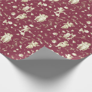 Papel De Presente Toile Floral de Anjos Cupidos Bege Bordeaux Vintag