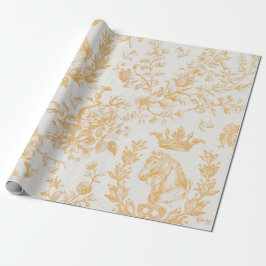 Papel De Presente Toile Floral Equestre Dourada Amarelo Elegante