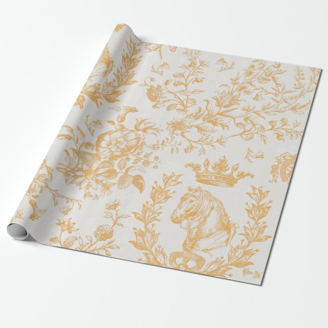Papel De Presente Toile Floral Equestre Dourada Amarelo Elegante (Desenrolado)