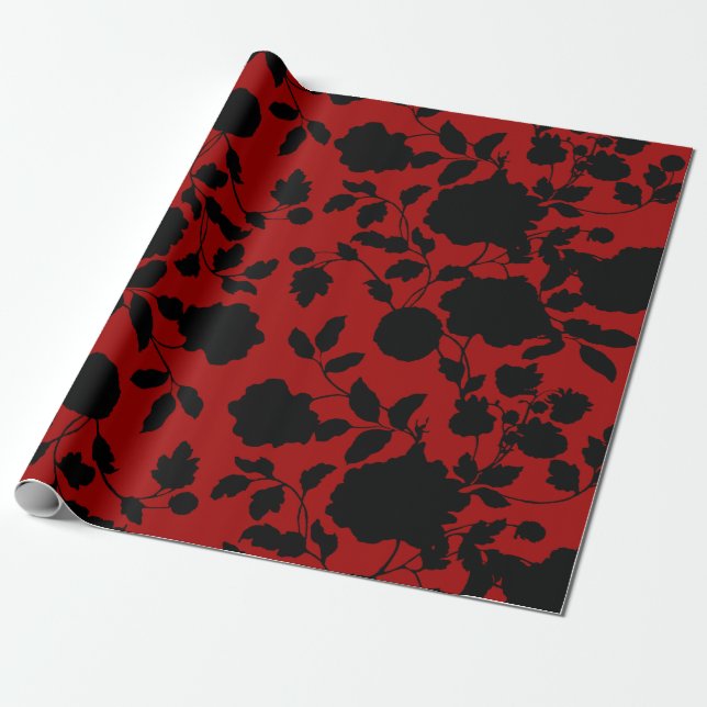Papel De Presente Toile Floral Preto em Vermelho (Desenrolado)