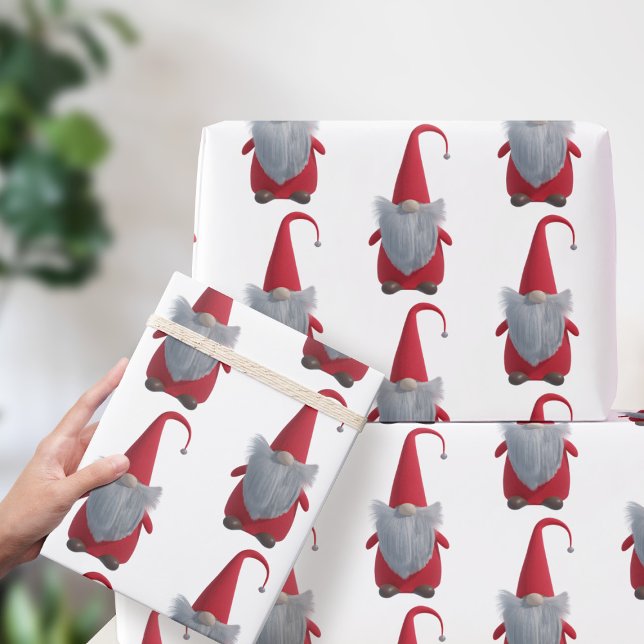 Papel De Presente Tomte Nisse Papai Noel Anão Vermelho e Branco de N (Christmas Gnome Wrapping paper just for you)