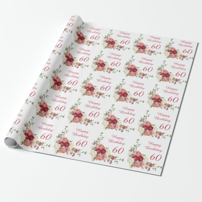 Papel De Presente Tons de Rosa Flor de Peônia Branca Feliz Aniversár (Desenrolado)