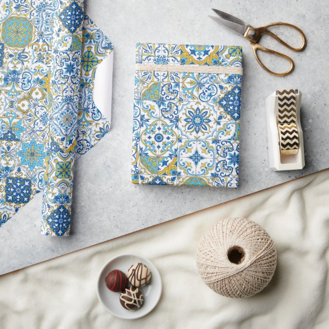 Papel De Presente tons mediterrâneos/ Azulejos (Artesanato)