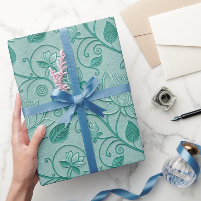 Papel De Presente Tons Verde Pastel Flor de Lótus com Efeito Repuxad (Presentear)