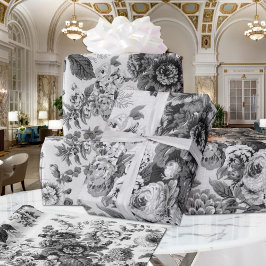 Papel De Presente Torno Floral Botânico da Vintagem Preta e Branca