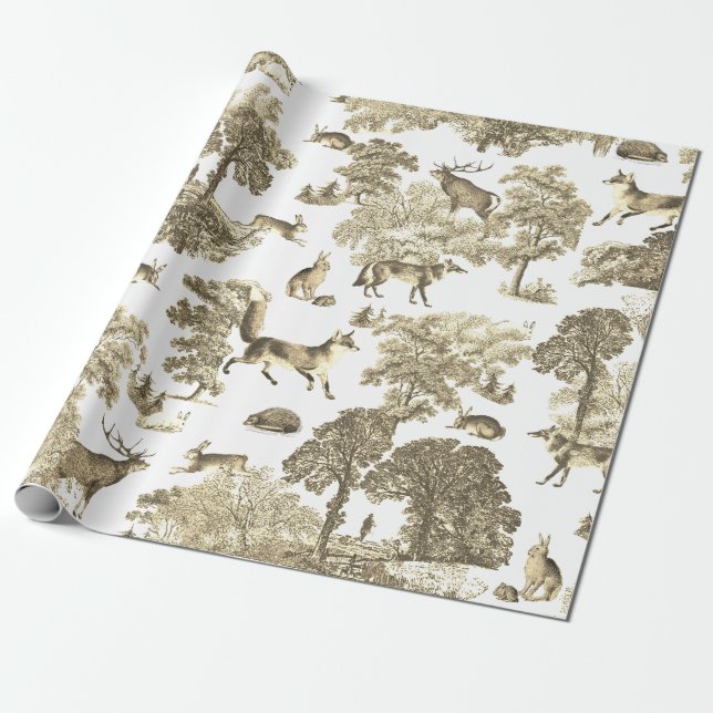 Papel De Presente Torre Elegante Madeira Beige Fox Rabbit (Desenrolado)
