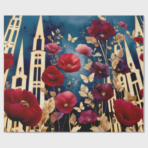 Papel De Presente Torres Douradas e Flores Carmesim