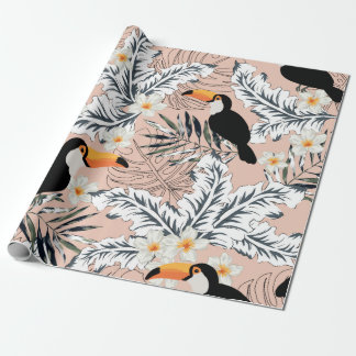 Papel De Presente Toucans, graphic palm leaves, plumeria flowers, pa