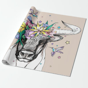 Papel De Presente Touro de desenho em uma coroa floral. Porta brilha