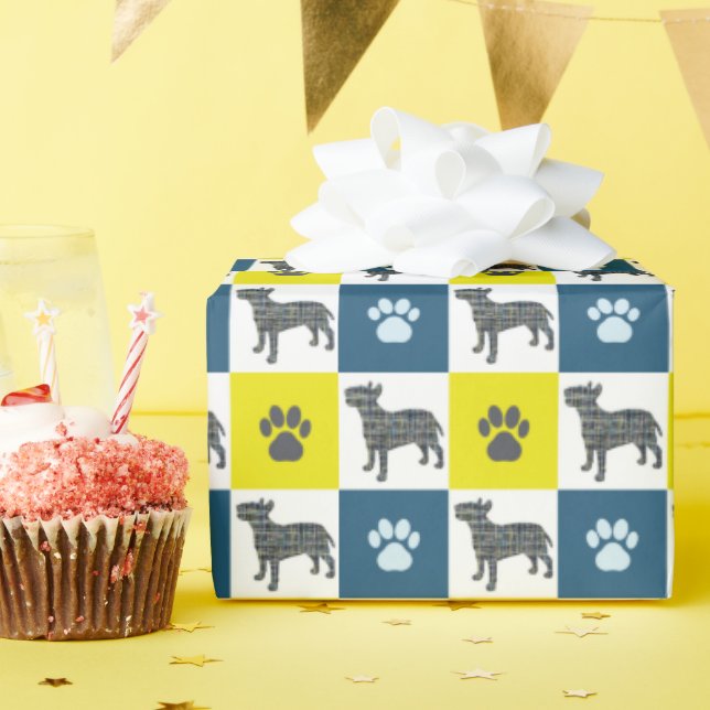 Papel De Presente Touro Terrier Cão & Pata Amarelo & Azul Grade (Festa de aniversário)