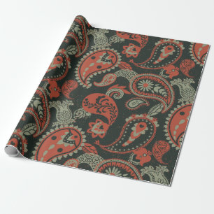 Papel De Presente Tradicional Paisley Linocut Laranja Quente Verde