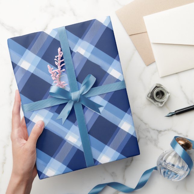 Papel De Presente Traditional Blue Navy Check Sky Plaid Pattern (Presentear)