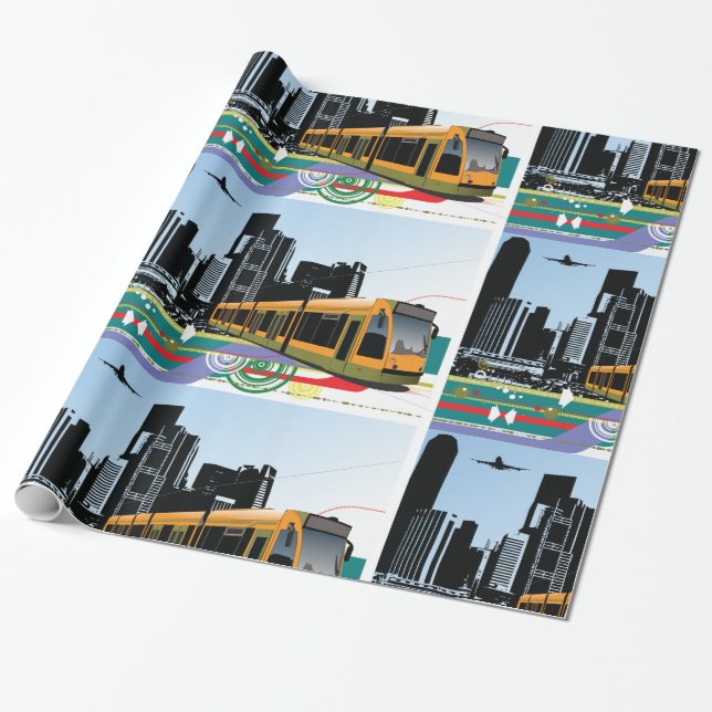 Papel De Presente Transporte de Bonde Urbano Artístico da Cidade (Desenrolado)