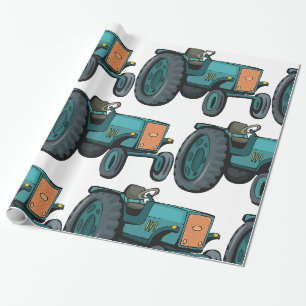 Papel De Presente Trator Azul Vintage Vida na Fazenda