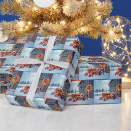 Papel De Presente Trator de Fazenda Vermelho de Natal na Neve