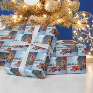 Papel De Presente Trator de Fazenda Vermelho de Natal na Neve