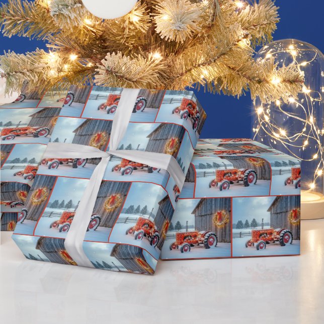 Papel De Presente Trator de Fazenda Vermelho de Natal na Neve (Feriados)