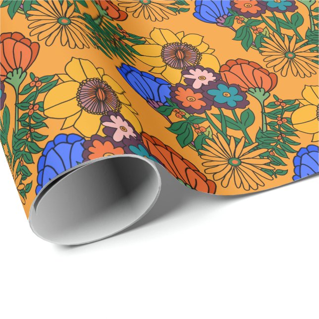 Papel De Presente travesseiro decorativo Amarelo Floral Retroativo d (Ponta do rolo)