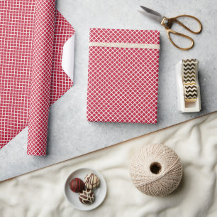 Papel De Presente Treliça de Diamante Branco - Vermelho Cereja