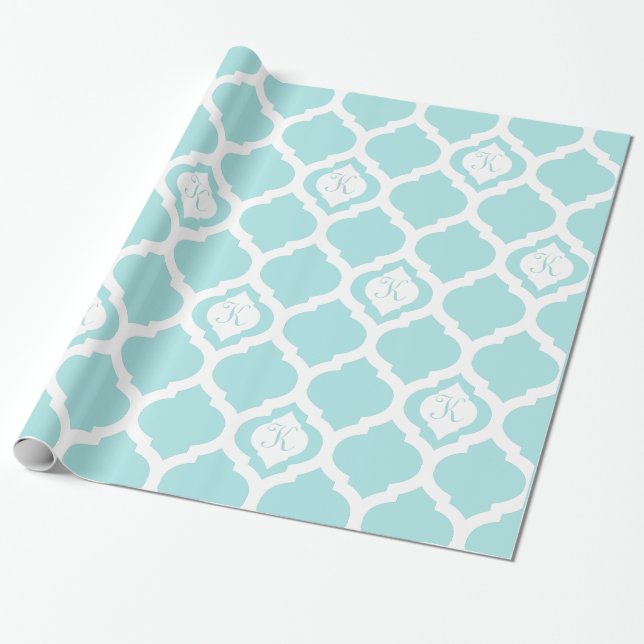 Papel De Presente Trellis aqua teal e monograma brancos marroquinos (Desenrolado)