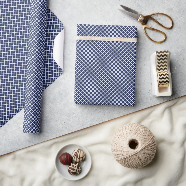 Papel De Presente Trellis de Diamante Branco - Azul Naval (Artesanato)