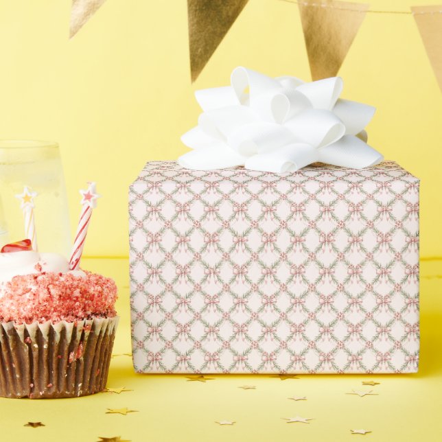 Papel De Presente Trellis de Fita de Natal Tradicional Rosa (Festa de aniversário)