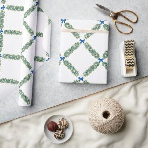 Papel De Presente Trellis de Natal com Laço Azul 