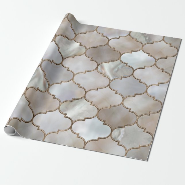 Papel De Presente Trellis Pearl e Dourado marroquino (Desenrolado)
