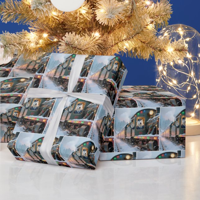 Papel De Presente Trem de Natal Antigo com Urso Polar Acenando (Feriados)