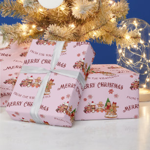 Papel De Presente Trem de Pão de Mel Fofo e Família Natal Rosa