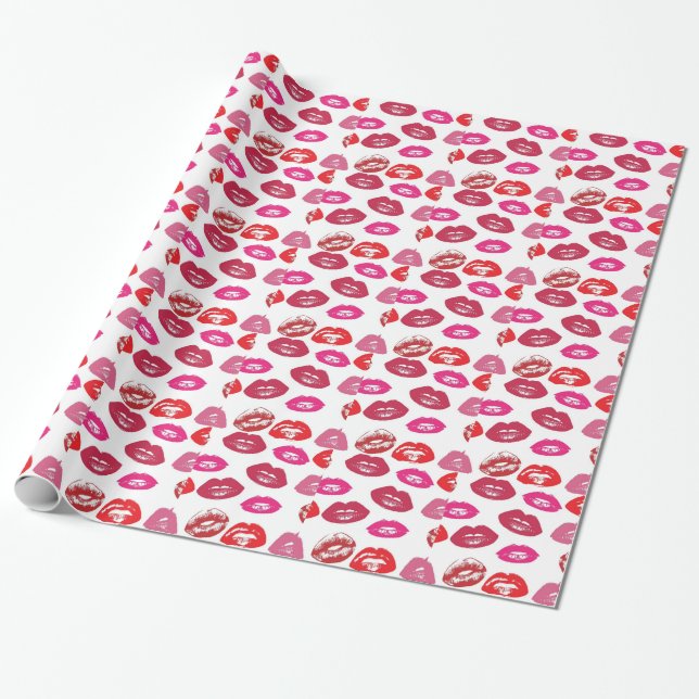 Papel De Presente Trending Kisses, lábios rosa e lúcidos. (Desenrolado)