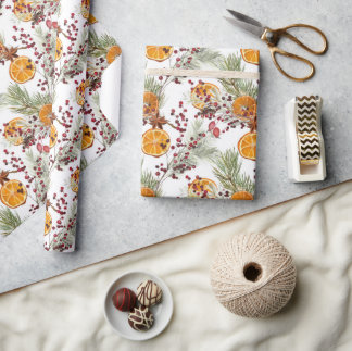 Papel De Presente Trendy Citrus Orange Pine Berry Natal Férias