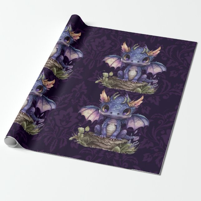 Papel De Presente Trendy Damask Purple Dragon Girl Chá de fraldas (Desenrolado)