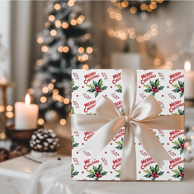Papel De Presente Trendy Felry Christmas Holly e Berries Patterno (Criador carregado)