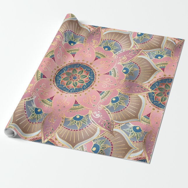 Papel De Presente Trendy Metallic Dourado e Pink Mandala Design (Desenrolado)