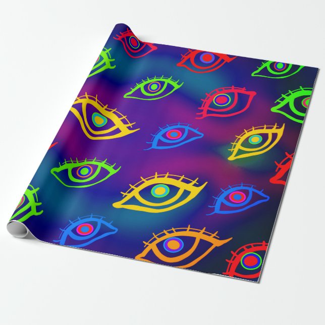 Papel De Presente Trendy Neon Colorful Eyes Patterno (Desenrolado)
