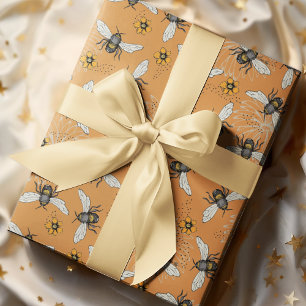 Papel De Presente Trendy Orange Buzzing Honeybee para Primavera e Ve