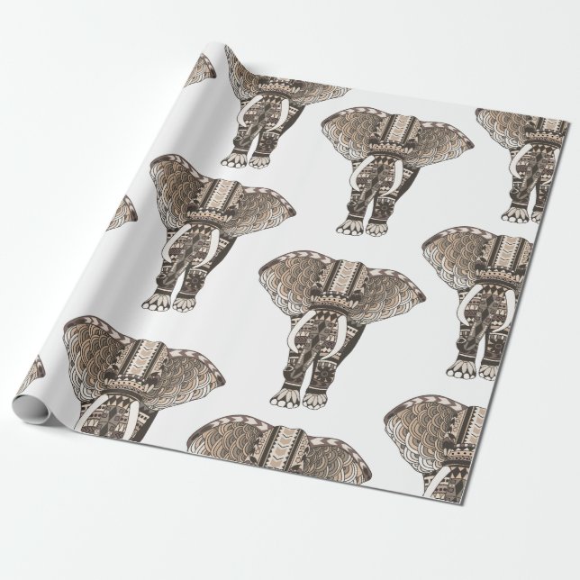 Papel De Presente Trendy Taupe Tribal Elephants (Desenrolado)