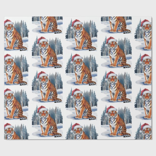 Papel De Presente Trendy Tiger with Santa Hat Christmas (Aberto)