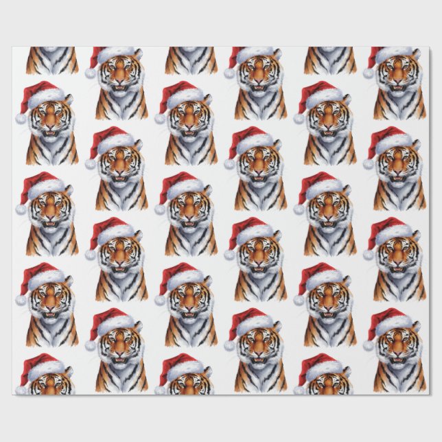 Papel De Presente Trendy Tiger with Santa Hat Christmas Green        (Aberto)